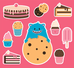 Cakes and sweets decorative icons set with donut, cookies, cupcake, ice cream.  isolated vector illustration for bakery and candy shop, mascot cookie monster. Vector stock flat illustration