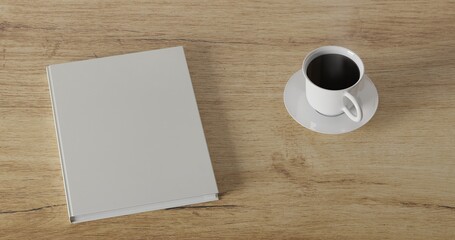 3d render coffee cup and blank book on wood table. minimal workspace. wall concept template. hot coffee in mug. cafe and resturant template.