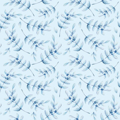 Green leaf for a bouquet of flowers seamless pattern. Hand drawn watercolor illustration isolated on blue background. Design for wedding printed matter, invitation, congratulations, clipart, postcard