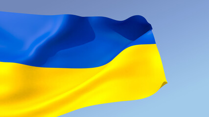 3D illustration. The large flag of Ukraine unfolds in the wind against blue sky background with gradient.