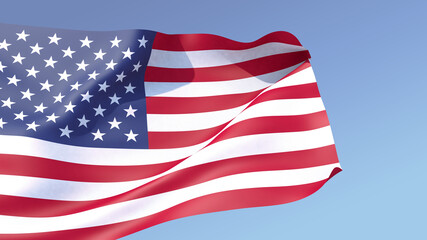 3D illustration. The large flag of USA unfolds in the wind against blue sky background with gradient.