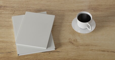 3d render coffee cup and blank book on wood table. minimal workspace. wall concept template. hot coffee in mug. cafe and resturant template.