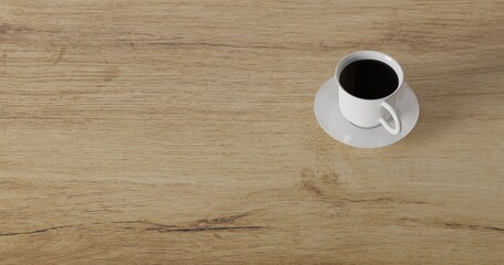 3d render coffee cup on wood table. minimal workspace. wall concept template. hot coffee in mug. cafe and resturant template.