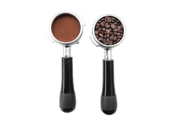 A portafilter with coffee beans, a portafilter with ground coffee on a white background.