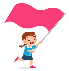 cute little girl run and holding flag