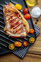 Red beef cutlet (cow, heifer, veal) cooked on the grill. Top view.