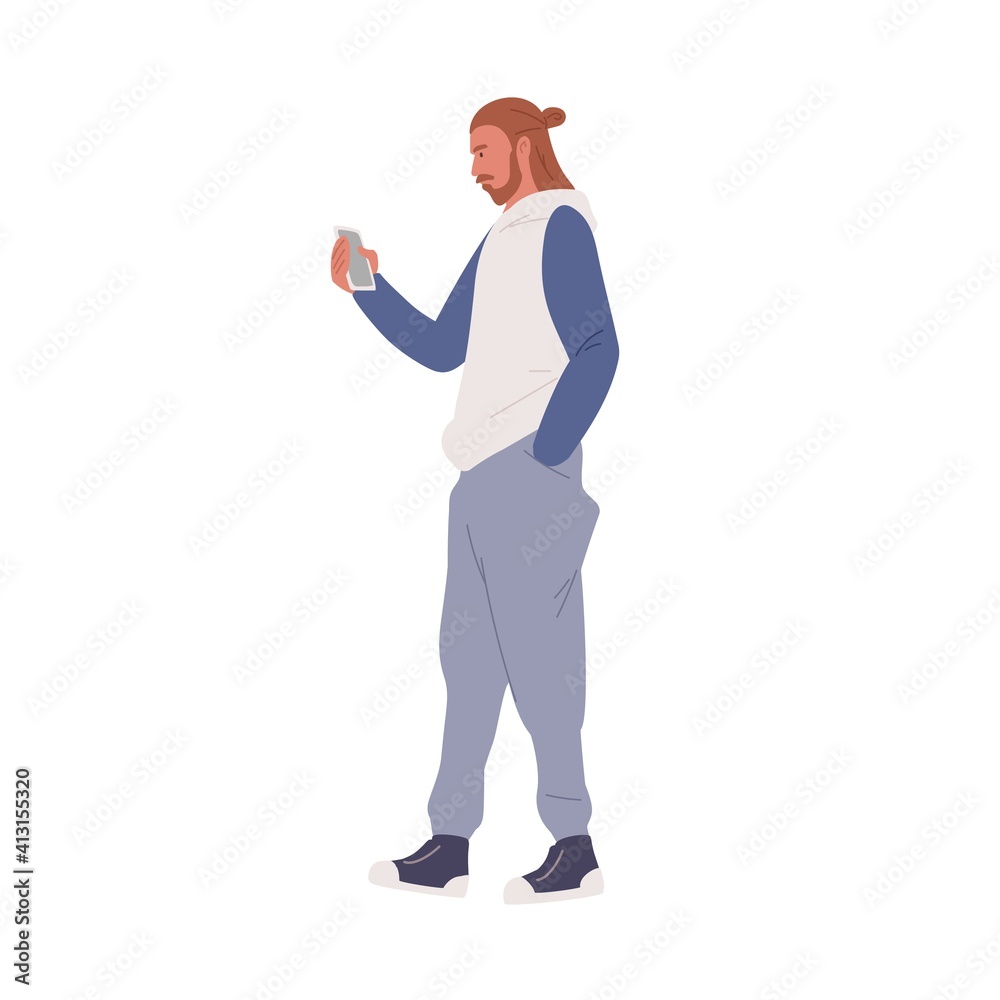 Aufkleber young man looking at screen of mobile phone while walking. bearded guy in sportswear using smartphon