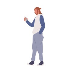 Young man looking at screen of mobile phone while walking. Bearded guy in sportswear using smartphone on the go. Colored flat vector illustration isolated on white background