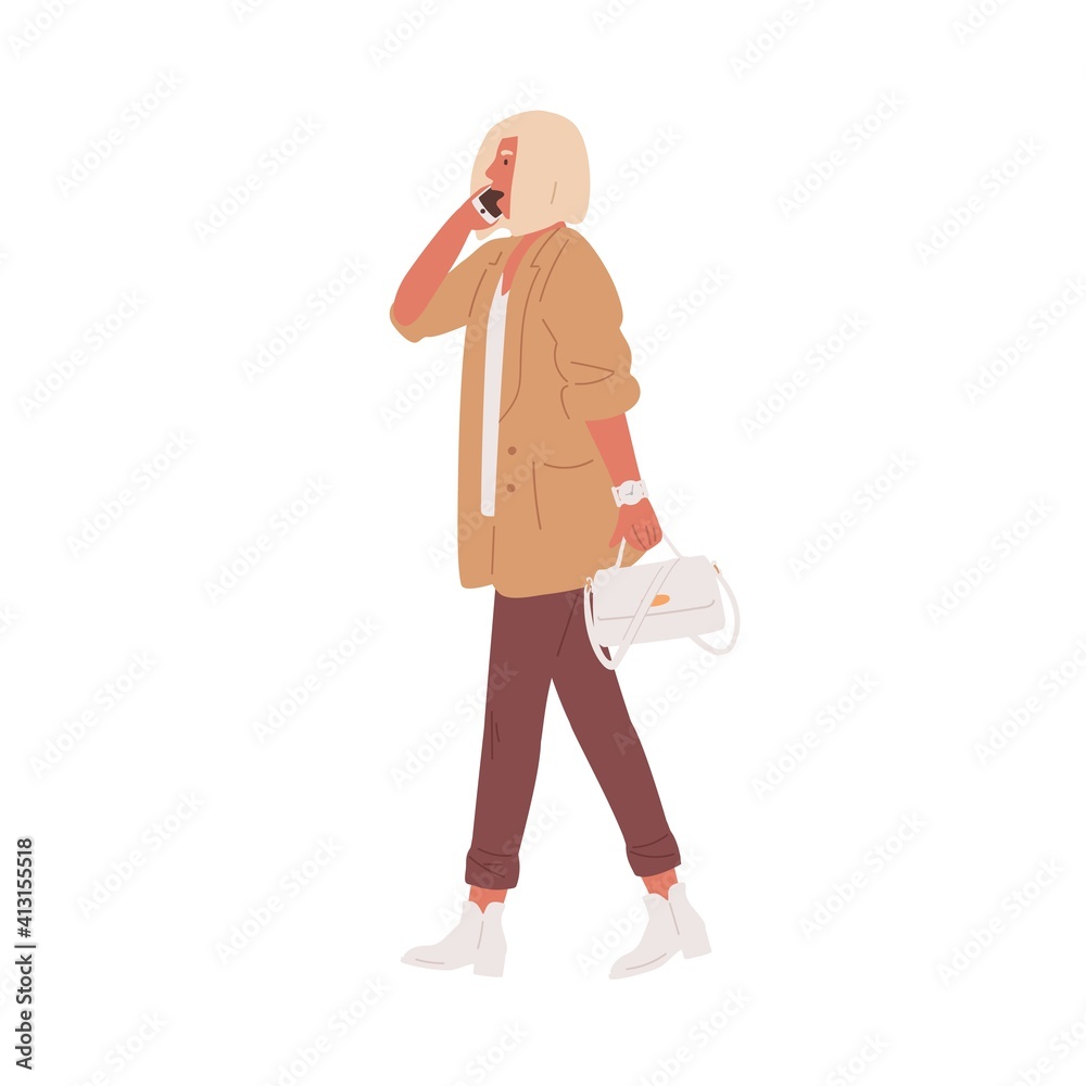 Poster modern woman walking and talking on mobile phone. people calling and speaking by smartphone. colored
