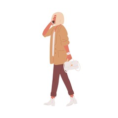 Modern woman walking and talking on mobile phone. People calling and speaking by smartphone. Colored flat vector illustration isolated on white background