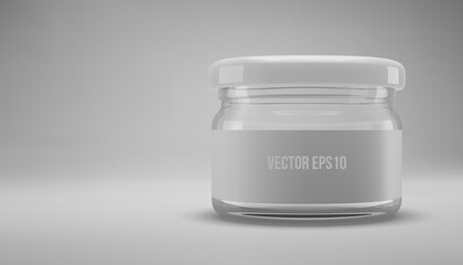 Small glass jam jar with a lid. A transparent jar with a white lid and label. Realistic 3D illustration. Vector