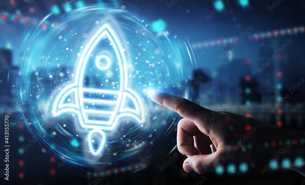 Aufkleber Man hand using startup digital neon interface 3D rendering