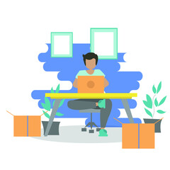 Working at home, coworking space, concept illustration. Young people, mаn and womаn freelancers working on laptops and computers at home. Vector flat style illustration.