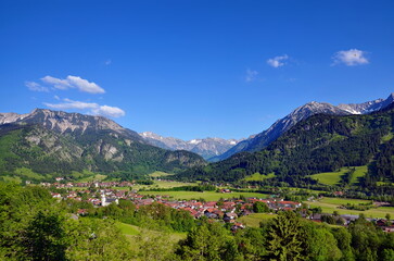 Fototapeta na wymiar Tal und Berge mit Dorf in den Alpen im Sommer, Alpendorf in Bayern