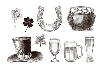 Happy Saint Patricks Day! Irish festival retro vintage decoration. Vector vintage hand drawn saint Patrick day. Vector collection of ink hand drawn illustrations for St. Patrick's day. Vintage set