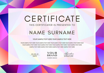 Certificate template with geometry polygon pattern (triangle texture)  frame on background. Design for Diploma, certificate of appreciation or award