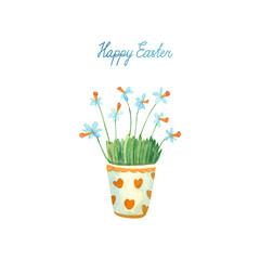 Happy Easter greeting card with potted daffodils. Hand painted watercolor illustration of spring flowers narcissus in a pot decorated with hearts. Hand drawn lettering.