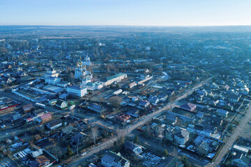 Aerial view of Pereslavl-Zalessky and St. Nicolas monastery (Nikolsky monastery) at sunny winter day. Yaroslavl Oblast, Russia.