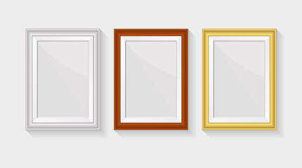 Set photo frame three of silver, wood and gold color realistic frames with shadow on white background. Vector illustration