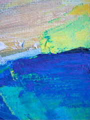 Abstract landscape vertical wallpaper. Beautiful blue shades of beige and pale yellow brush strokes surface. Contemporary fine art concept.