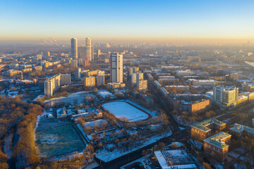 Aerial view of the city (Rostokino district) at sunny winter day. Moscow, Russia.