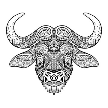 African buffalo. Patterned head bull, bison. Style zentangle. Monochrome tribal ornament painted by hand. Series ethnic animal. African, indian design. May be used for design of a t-shirt. Logo. Icon.