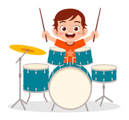 cute little boy play drum in concert