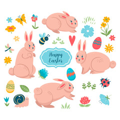 Easter spring collection of bunnies and cute elements isolated on white background. Vector graphics.