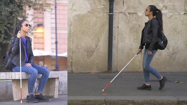 handicap, blindness - split screen of blind woman sitting and walking
