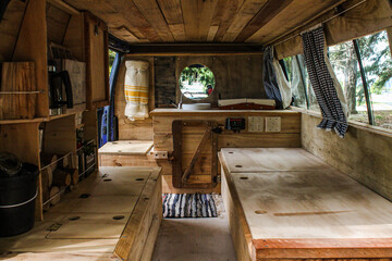 wooden interior design of van