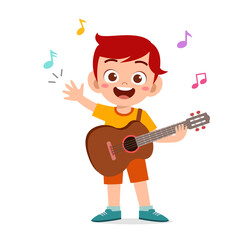 cute little boy play guitar in concert