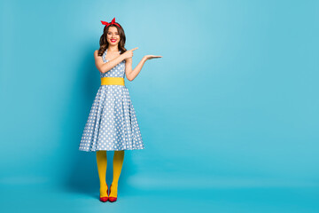 Full length body size view of her she nice attractive lovely pretty cheerful cheery wavy-haired...