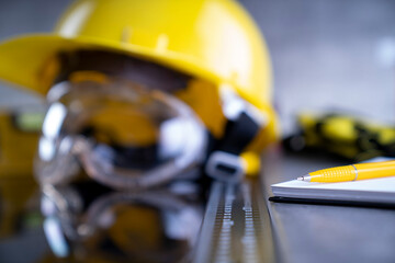 Fototapeta premium Contractor concept. Tool kit of the contractor: yellow hardhat, libella and tools on the gray background.