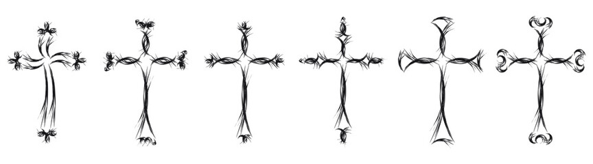 Vector collection of black ink or paint religion or faith cross symbol set isolated on white background. Abstract christian religious belief or faith art illustration for orthodox or catholic design