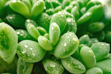 Macro of dew drops on leaves of succulent plant