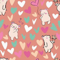 Valentine Love Heart Bear Balloon Flower Petals Seamless Pattern