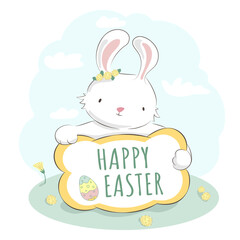 Cute bunny with flower wreath and Happy Easter Sign. Cartoon hand drawn vector illustration. Greeting card in pastel tones