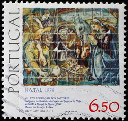 Holy family painted on portuguese asulejos, postage stamp
