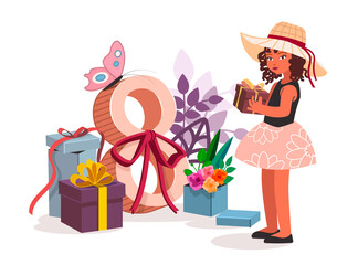 Cute little girl with gifts. Vector illustration of International Women's Day on March 8 in trendy cartoon flat style for banner, card, poster, flyer. All elements are isolated
