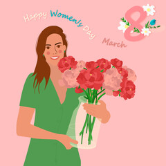 March 8 Happy Women's Day International Women's Day Vector illustration Woman with a bouquet of peonies