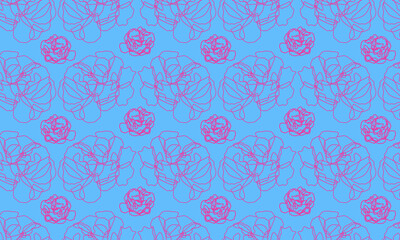 Vector seamless pattern pink peonies on light blue background art line modern pattern 
