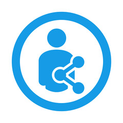 Logotipo con silueta de hombre con símbolo compartir en red social en círculo color azul - obrazy, fototapety, plakaty