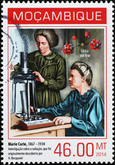 Marie Curie at work on postage stamp