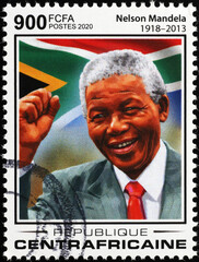Nelson Mandela and South African flag on stamp - obrazy, fototapety, plakaty