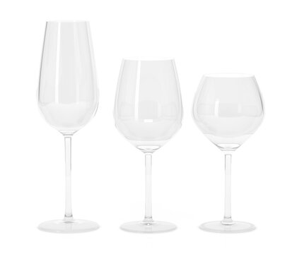 Empty wine glasses. Set of alcohol glasses. 3d rendering illustration isolated on white