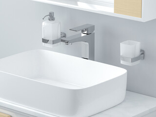 Modern bathroom interior. White sink with chrome faucet with accessories. 3d render illustration