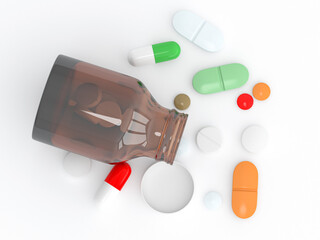 Treatment with pills. Fallen bottle with scattered tablets and capsules. 3d rendering illustration isolated on white