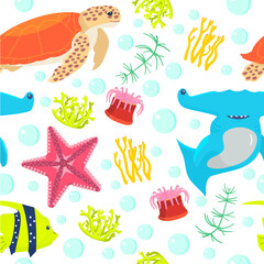 Vector seamless pattern on underwater theme on dark blue background. Underwater animals and plants.