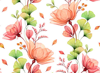 Watercolor seamless pattern. Abstract pink roses, green gingko, falling leaves and on white. Isolated hand drawn floral background for wallpaper design, textile, fabric