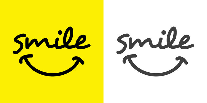Logotipo con texto manuscrito Smile con boca sonriente hecho a mano en fondo amarillo y fondo blanco